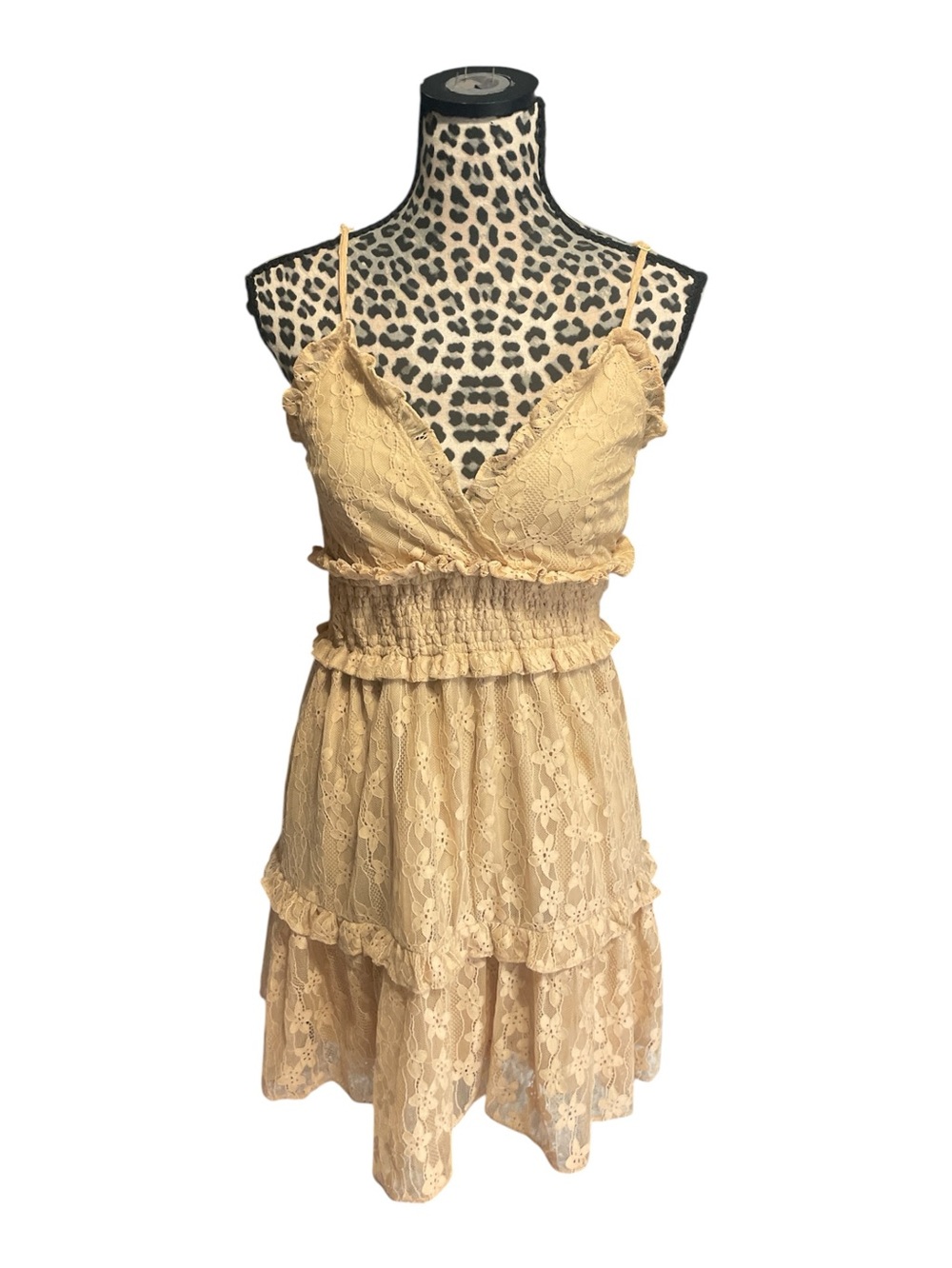 FAVLUX Beige Lace Ruffle Smocked Mini Dress